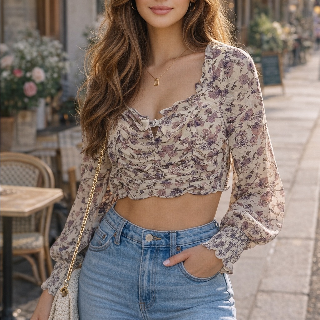 Jo+Co Floral Cropped Blouse Small — image 3 of 8